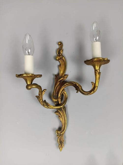 Set of 3 Antique Large French Gilded Bronze Wall Lights | Ornate Louis XV Rococo Twin-Arm Sconces, c.1930, Rewired Ready To Install View III