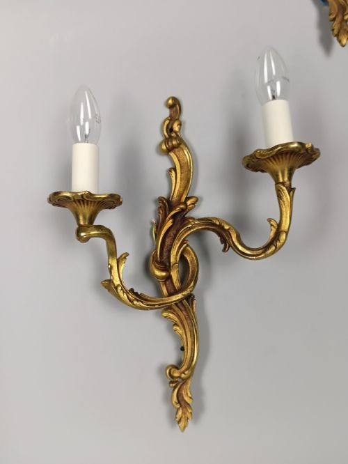 Set of 3 Antique Large French Gilded Bronze Wall Lights | Ornate Louis XV Rococo Twin-Arm Sconces, c.1930, Rewired Ready To Install View IV