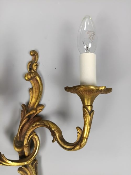 Set of 3 Antique Large French Gilded Bronze Wall Lights | Ornate Louis XV Rococo Twin-Arm Sconces, c.1930, Rewired Ready To Install View V