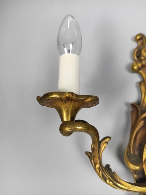 Set of 3 Antique Large French Gilded Bronze Wall Lights | Ornate Louis XV Rococo Twin-Arm Sconces, c.1930, Rewired Ready To Install View VI