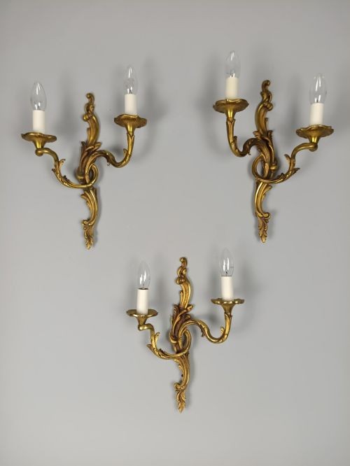 Set of 3 Antique Large French Gilded Bronze Wall Lights | Ornate Louis XV Rococo Twin-Arm Sconces, c.1930, Rewired Ready To Install View VII