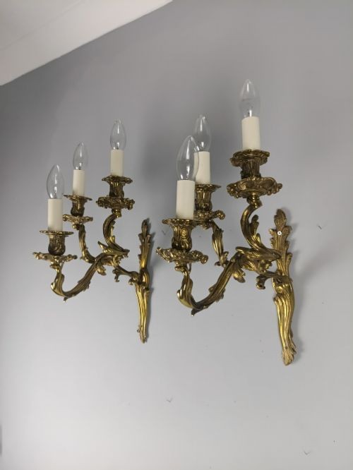 Pair of Antique French Gilded Bronze Rococo Triple Arm Wall Sconces Lights. Rewired