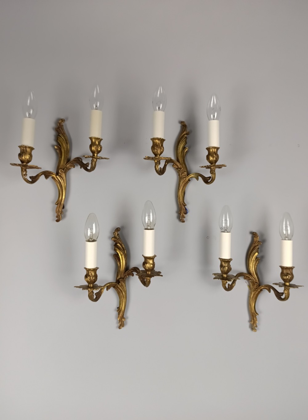 Set Of 4 Small Antique French Gilded Bronze Wall Lights | Twin-arm Sconces, C.1930, Rewired Ready To Install