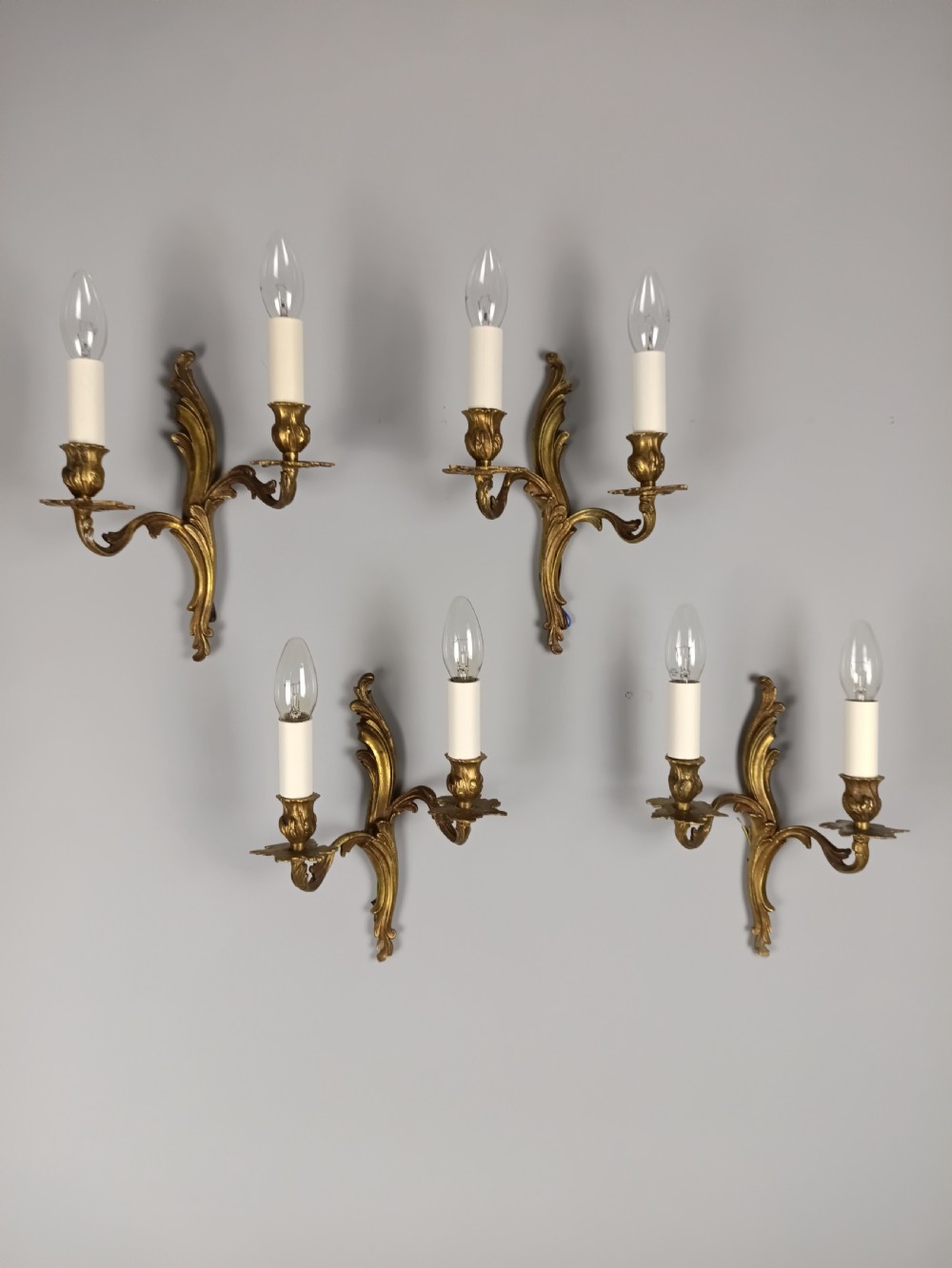 Set Of 4 Small Antique French Gilded Bronze Wall Lights | Twin-arm Sconces, C.1930, Rewired Ready To Install View IV