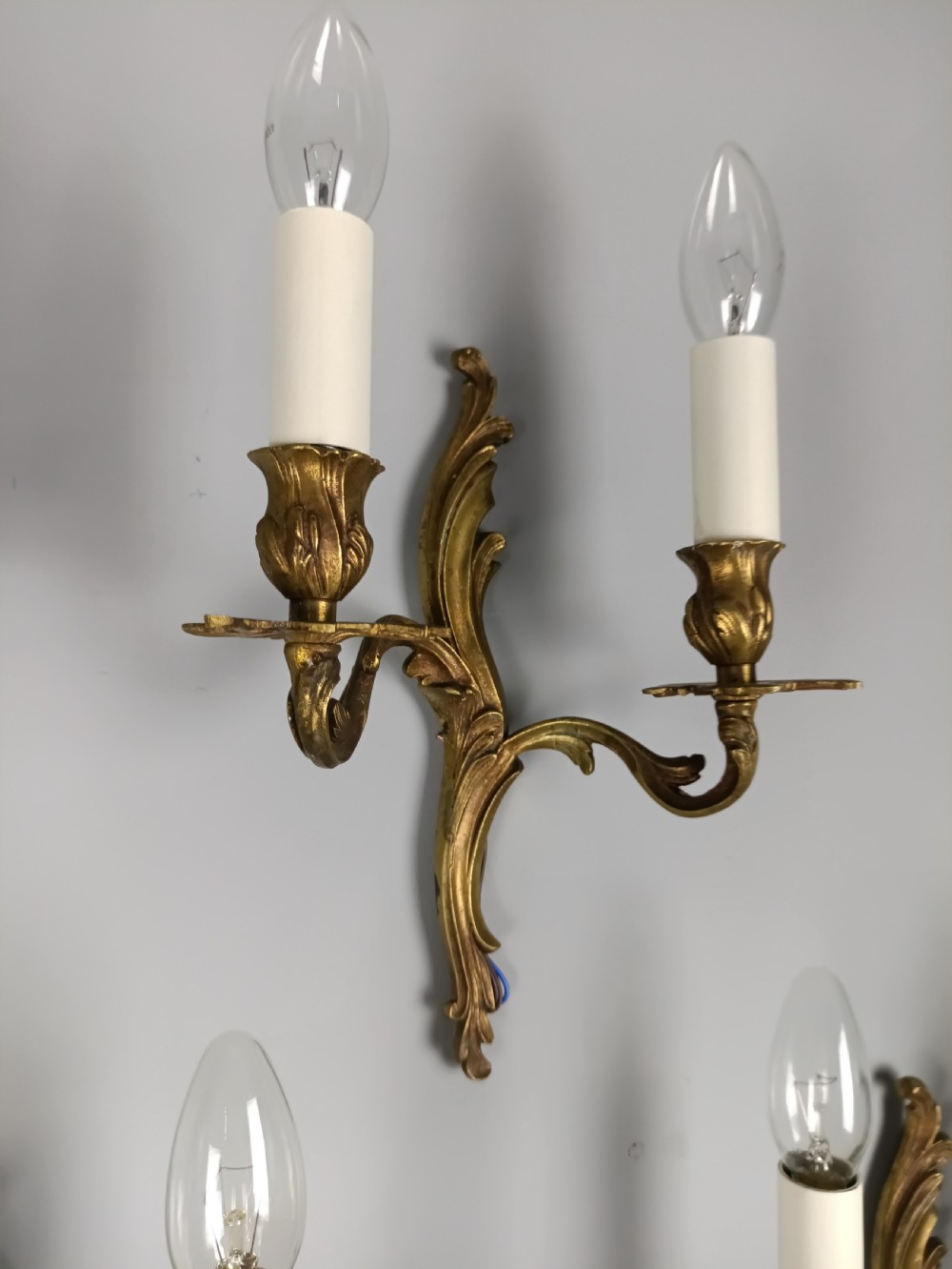 Set Of 4 Small Antique French Gilded Bronze Wall Lights | Twin-arm Sconces, C.1930, Rewired Ready To Install View VII