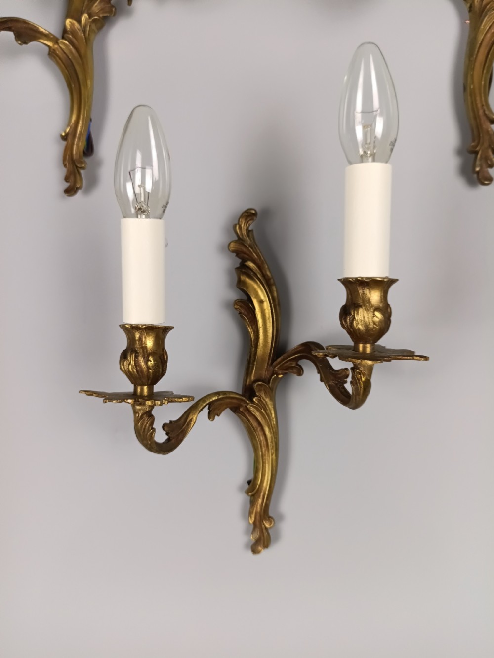 Set Of 4 Small Antique French Gilded Bronze Wall Lights | Twin-arm Sconces, C.1930, Rewired Ready To Install View VIII