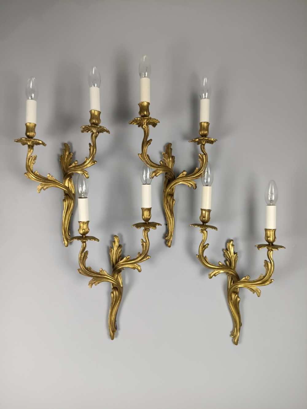 Set of 4 Large French Rococo Twin Arm Wall Lights, Rewired, c1920