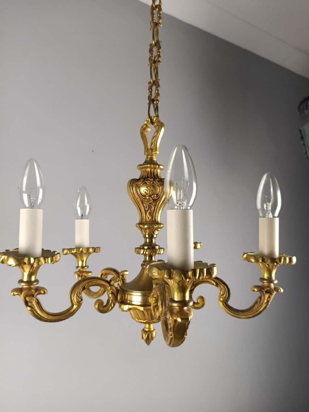 French 5 Light Gilt Bronze Antique Chandelier