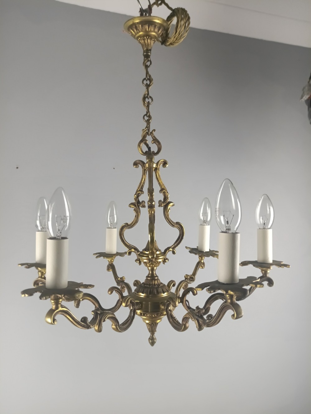 French 6 Light Gilt Bronze Antique Chandelier