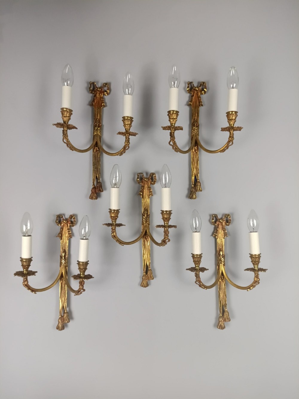 Set of 5 French Antique Twin Arm Gilded Brass Gilded Brass Wall Lights