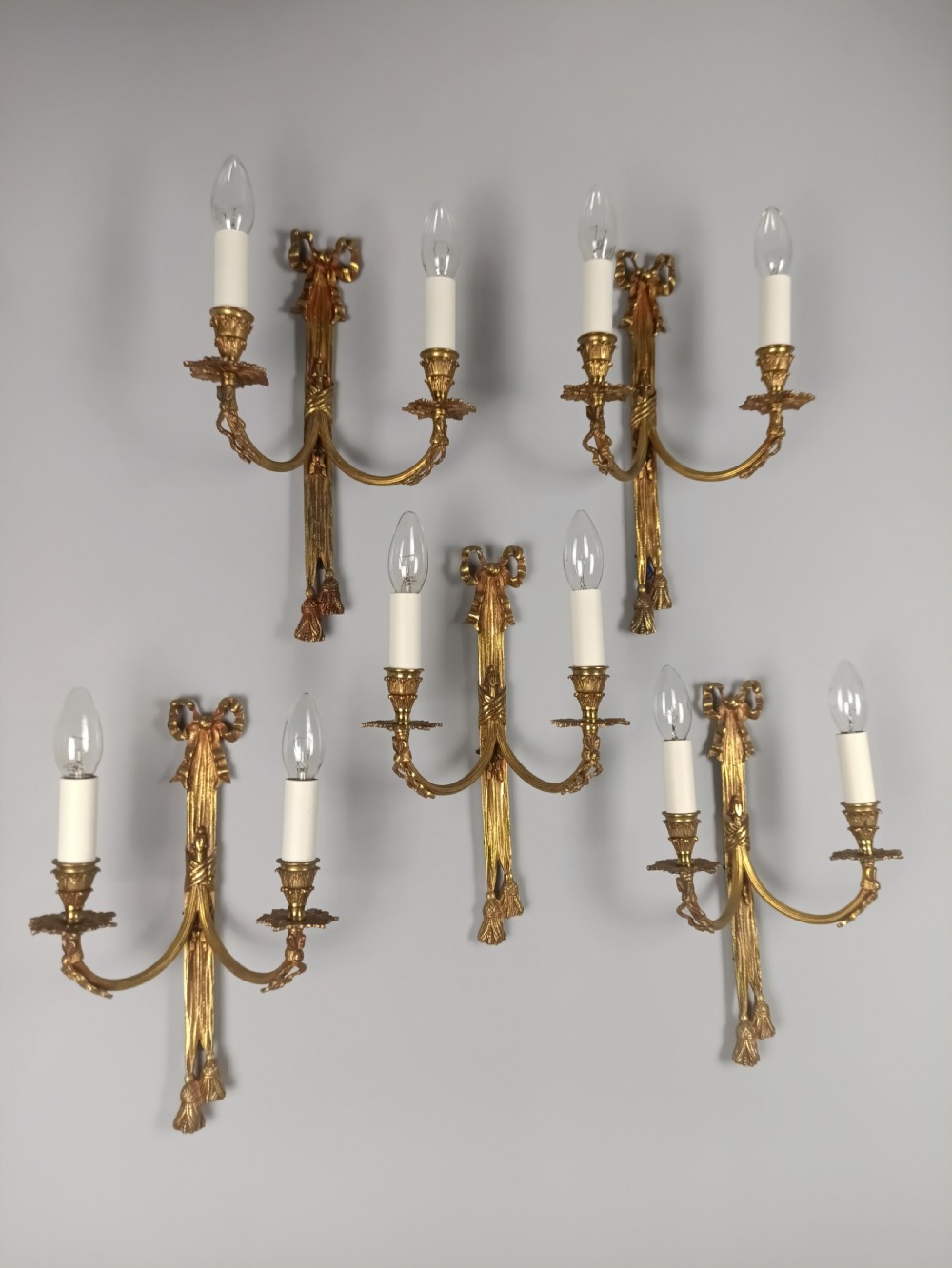 Set of 5 French Antique Twin Arm Gilded Brass Gilded Brass Wall Lights View II