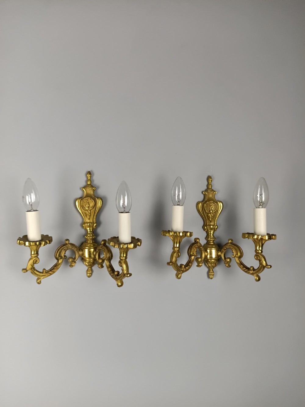 Pair of French Antique Twin Arm Gilded Brass Wall Lights
