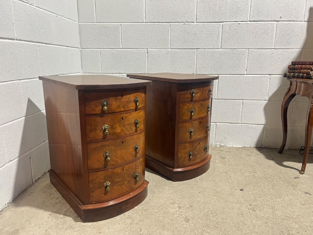A pair of 19th-century mahogany bedside chests with curved bowfront drawers and ornamental brass drop handles. View IV