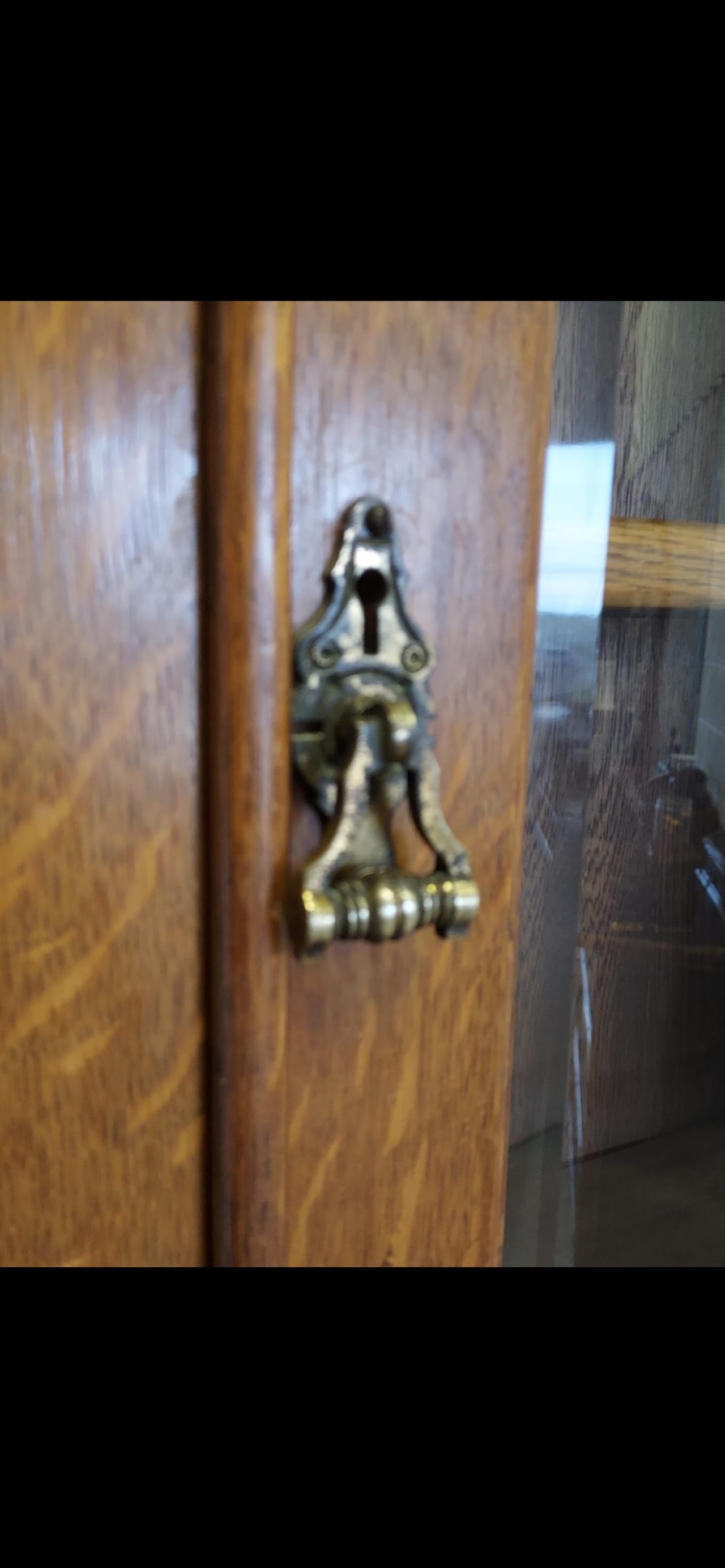 A late 19th-century oak bookcase featuring two glazed upper doors, two waist drawers, and stylised carved relief motifs on the lower cupboard doors. View XV