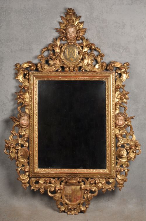 early 18th century spanish giltwood polychrome mirror - CATEGORY: ANTIQUE MIRRORS - DATED 18TH CENTURY