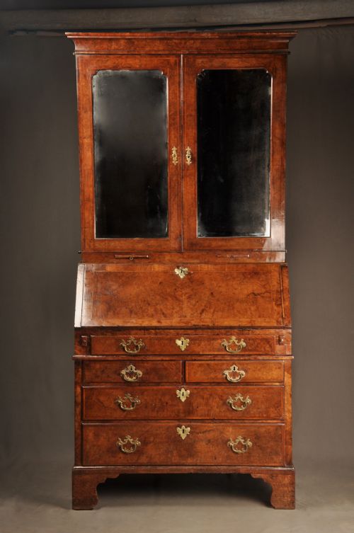 FINE GEORGE I BURR WALNUT BUREAU BOOKCASE