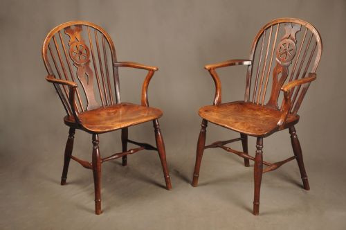 Pair Of late 18th Century Elm Wheelback Windsor Chairs