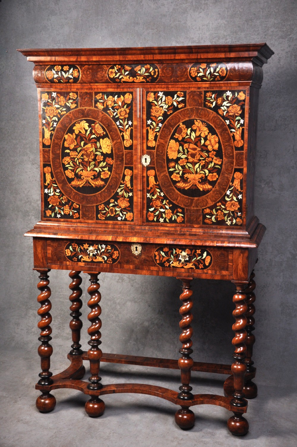 Charles II Olive Oyster-Veneered And Floral Marquetry Cabinet On Stand.