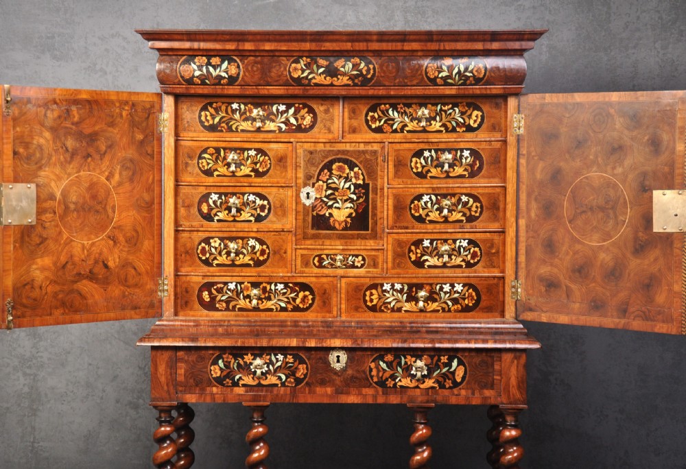 Charles II Olive Oyster-Veneered And Floral Marquetry Cabinet On Stand. View II