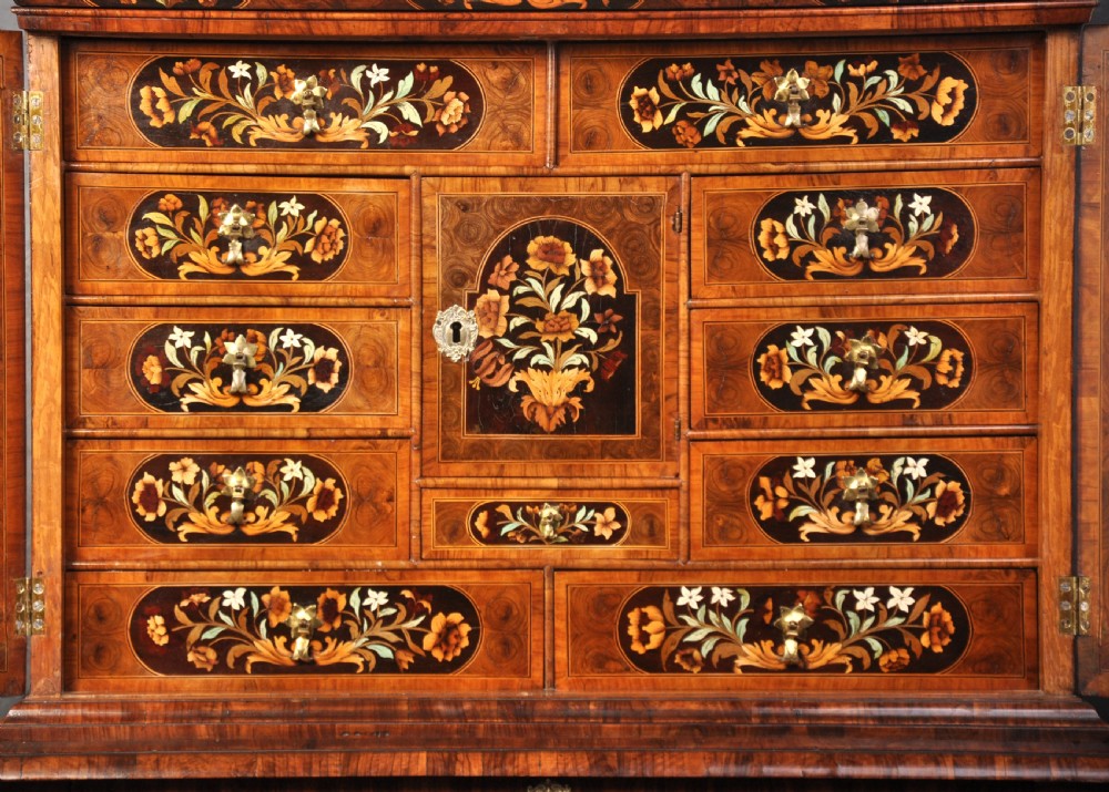 Charles II Olive Oyster-Veneered And Floral Marquetry Cabinet On Stand. View III