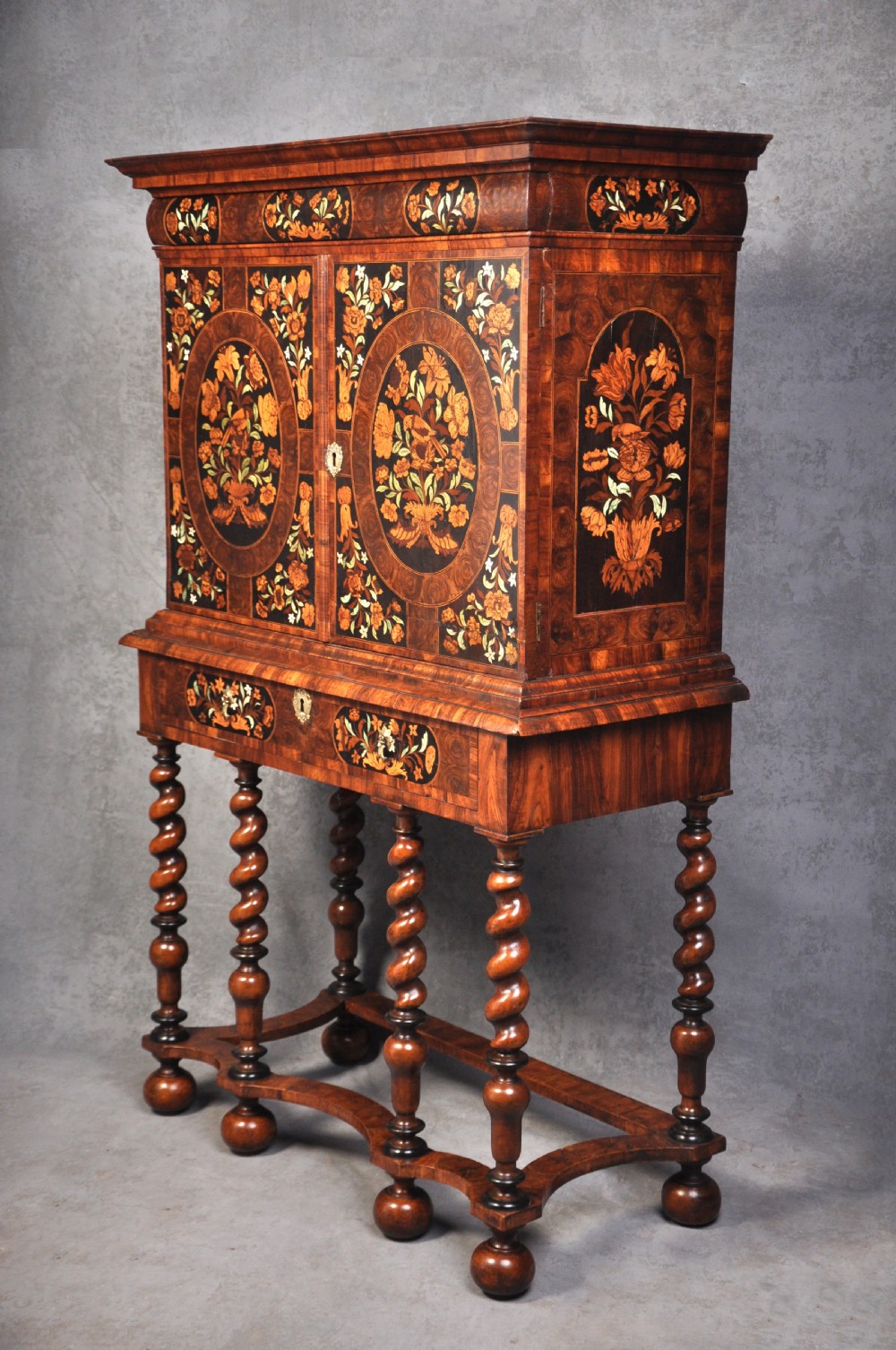 Charles II Olive Oyster-Veneered And Floral Marquetry Cabinet On Stand. View XVIII