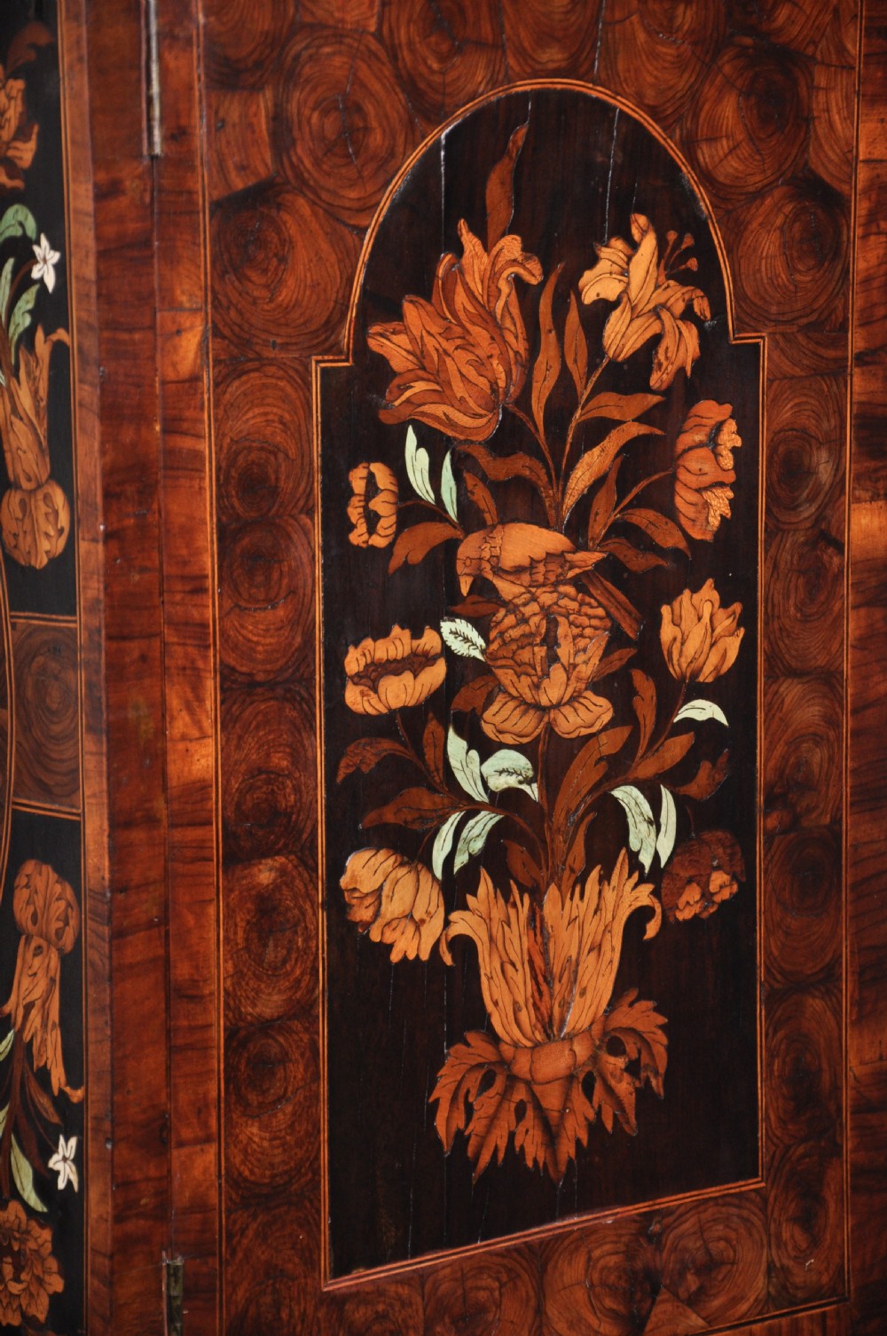 Charles II Olive Oyster-Veneered And Floral Marquetry Cabinet On Stand. View XIX