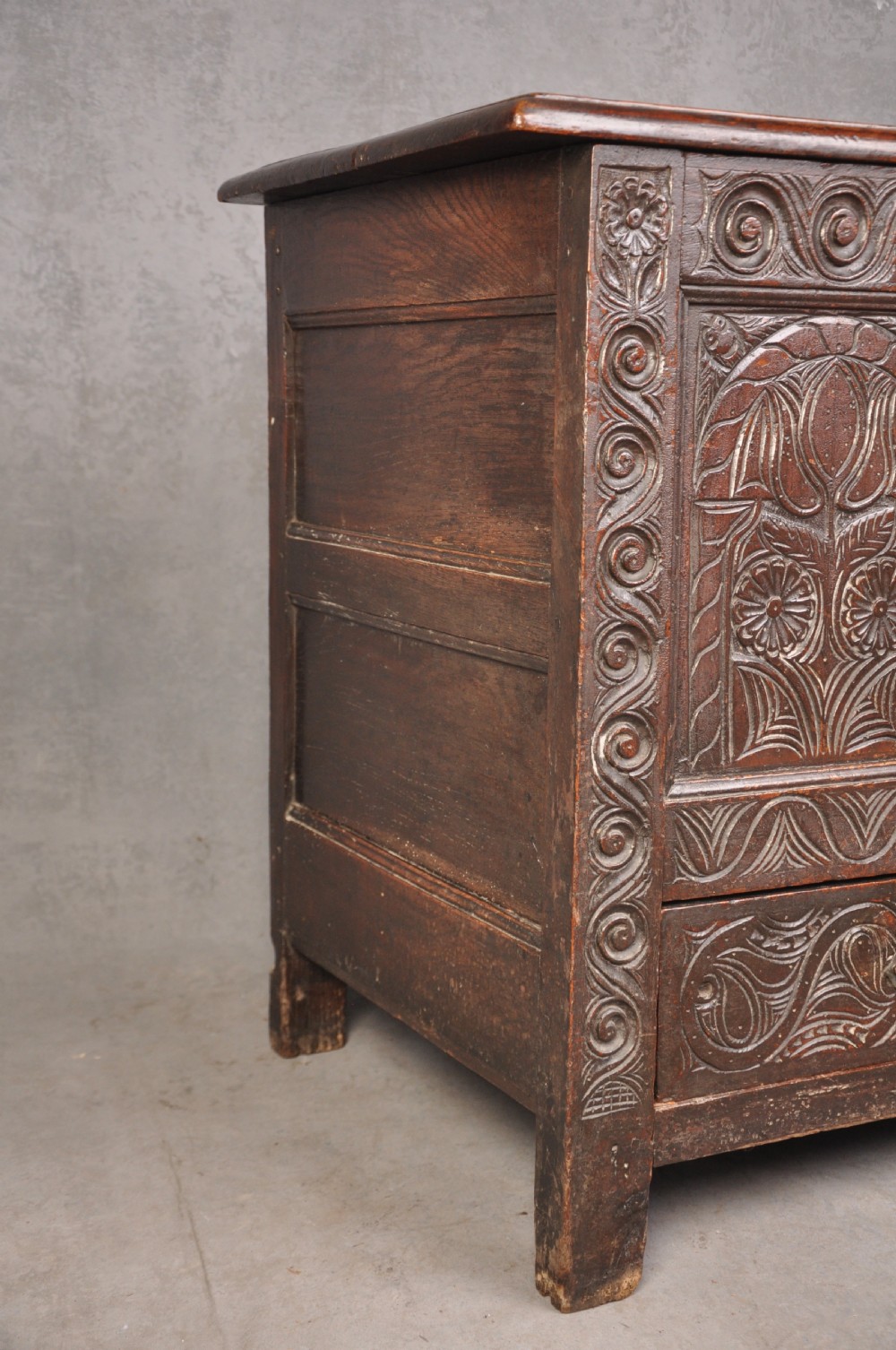 A seventeenth-century carved dark oak Yorkshire coffer featuring three arcaded floral panels, scrollwork friezes, two lower drawers, and brass keyhole escutcheons. View IX