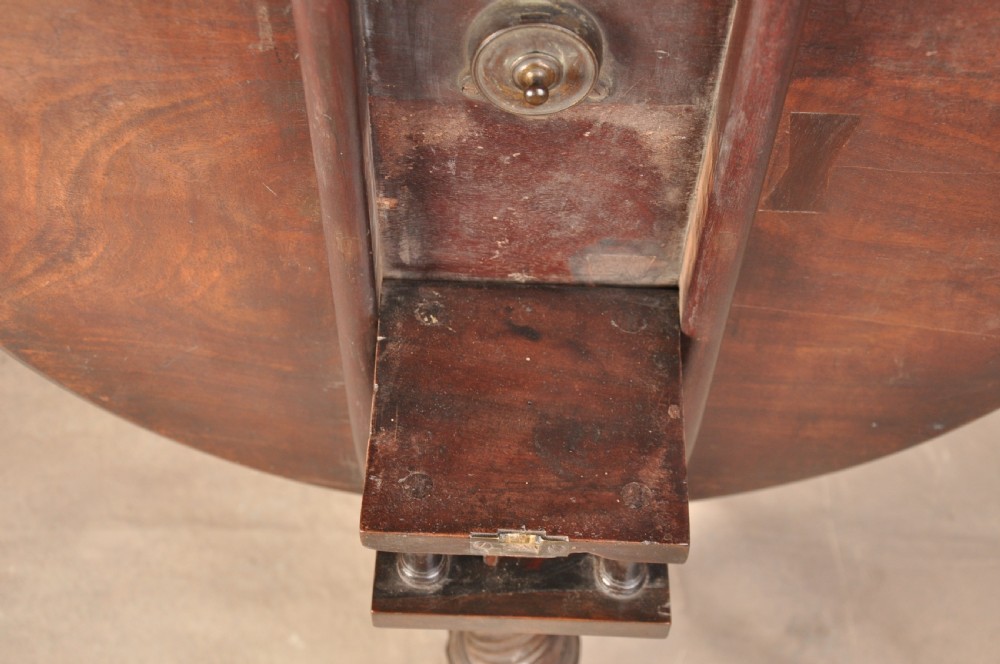 An 18th-century mahogany tilt-top tripod table shown with its circular surface locked vertically, revealing a spiral-carved pedestal and cabriole legs ending in claw and ball feet. View VIII