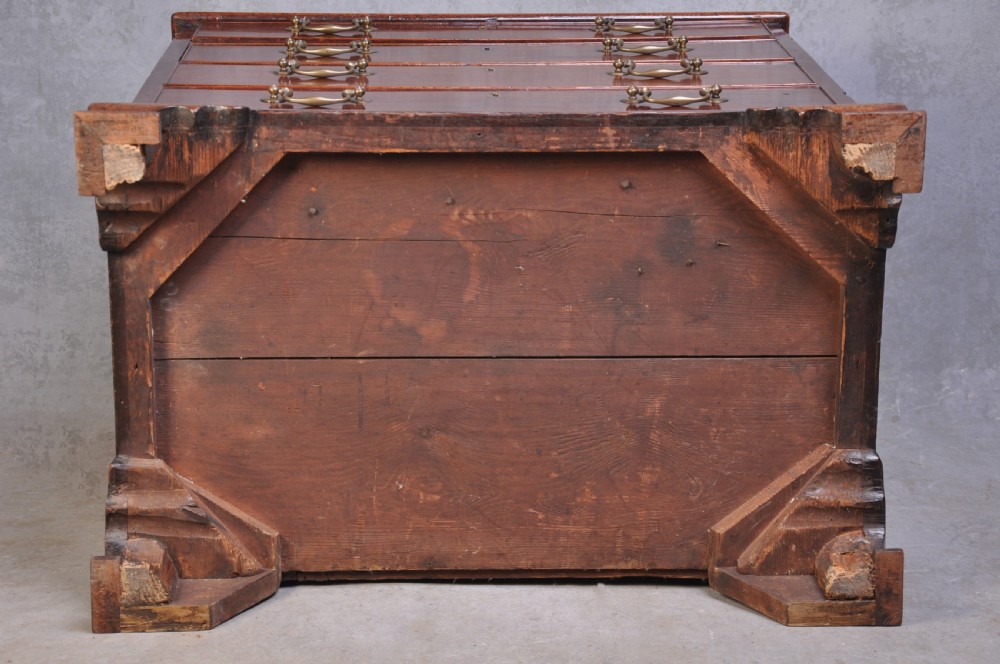 An 18th-century mahogany dressing chest featuring four graduated drawers with brass swan-neck handles and bracket feet. View XIV