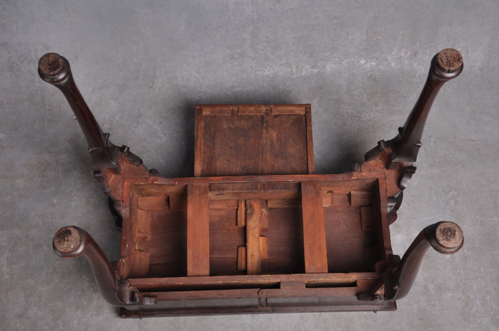 An 18th-century mahogany fold-over card table featuring slender cabriole legs, pad feet, a central drawer with a brass swing handle, and shaped corners. View XIII