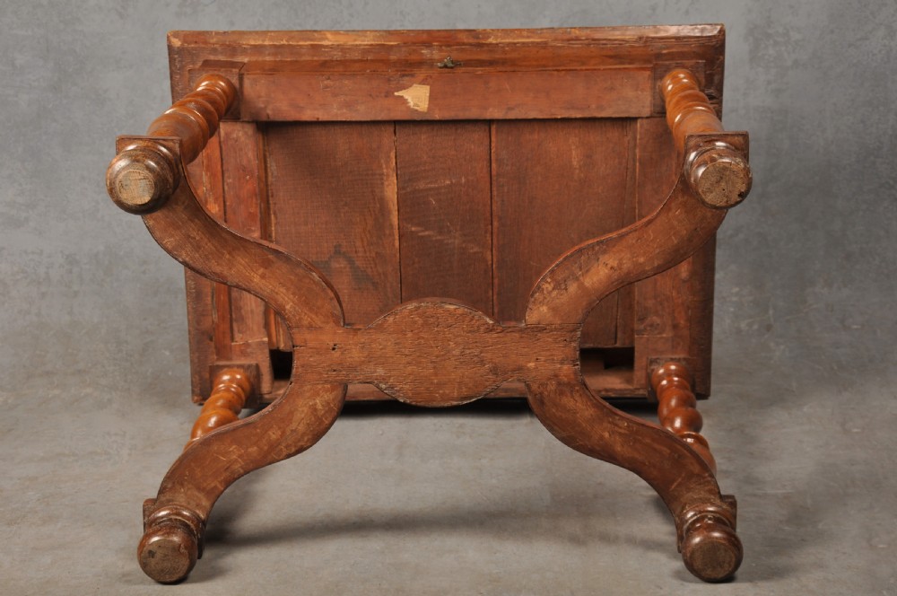 An antique olive wood side table featuring geometric oyster veneering on top, a single drawer with a brass drop handle, four barley twist legs, and a curved stretcher base. View XIII