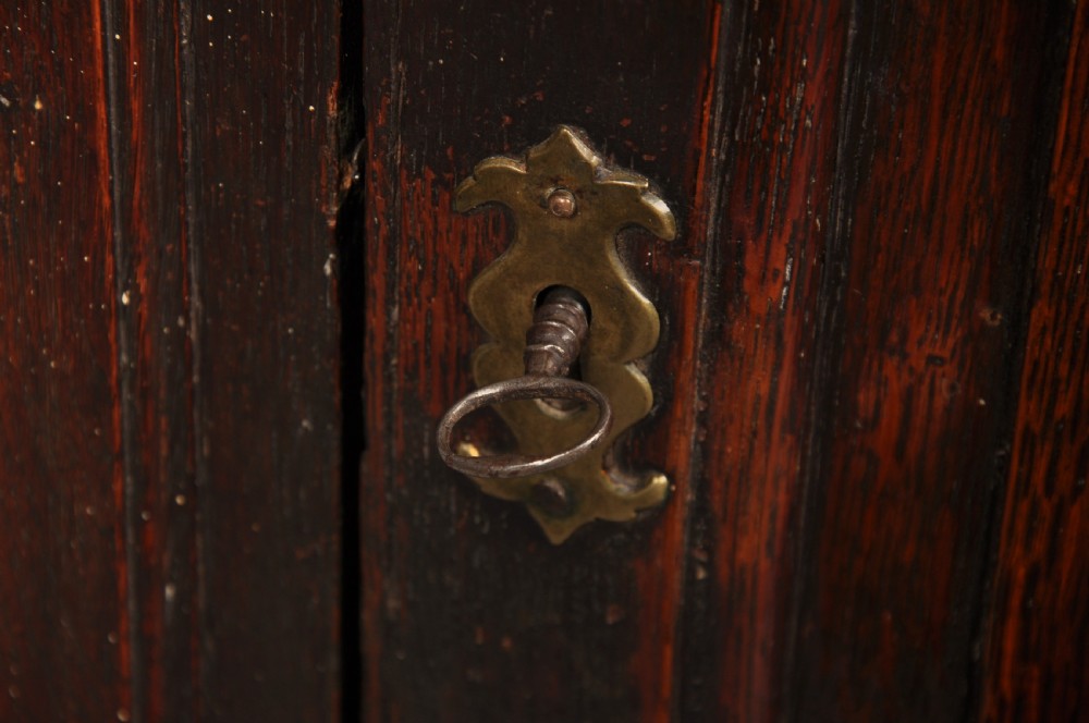 An early eighteenth-century dark oak bow-fronted corner cupboard featuring a curved fielded panel door, brass escutcheon, and moulded cornice. View II