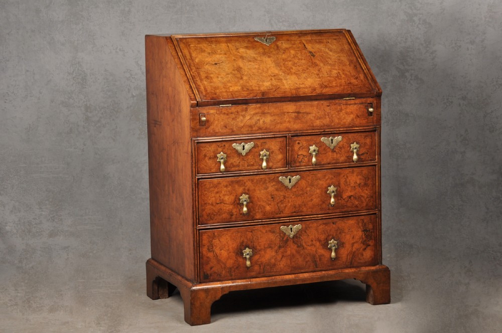 An early eighteenth-century burr walnut bureau featuring a sloped fall-front writing flap above four graduated drawers with brass drop handles and bracket feet. View III