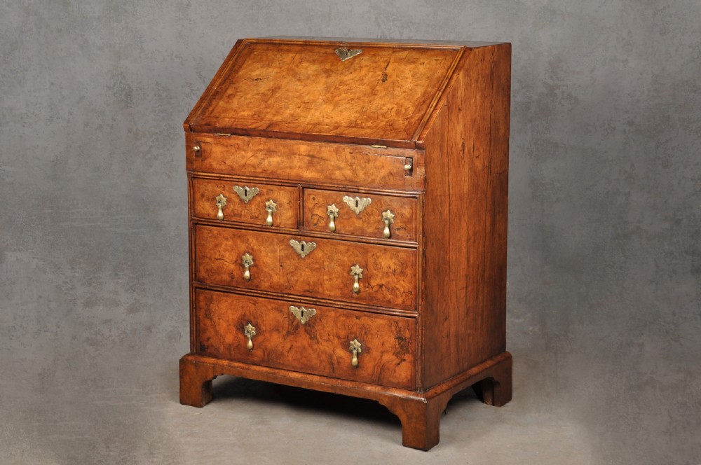 An early eighteenth-century burr walnut bureau featuring a sloped fall-front writing flap above four graduated drawers with brass drop handles and bracket feet. View IV