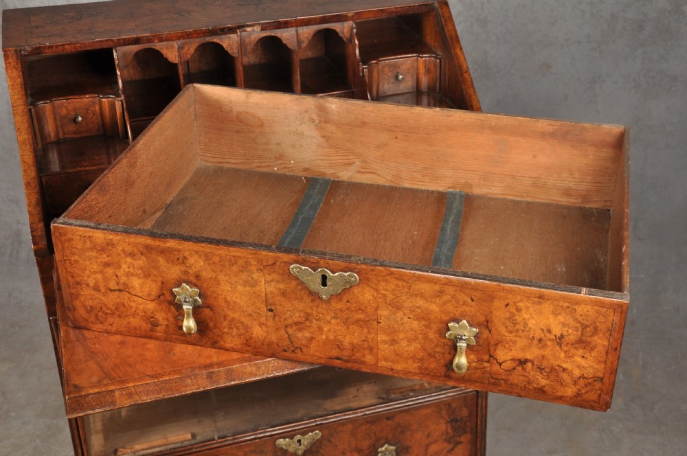 An early eighteenth-century burr walnut bureau featuring a sloped fall-front writing flap above four graduated drawers with brass drop handles and bracket feet. View IX