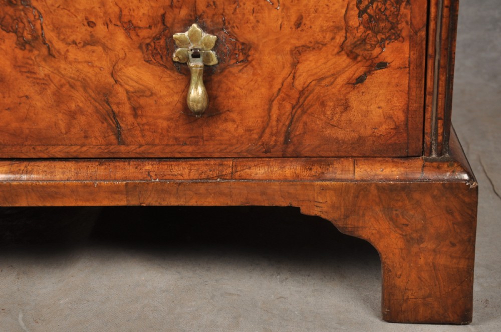 An early eighteenth-century burr walnut bureau featuring a sloped fall-front writing flap above four graduated drawers with brass drop handles and bracket feet. View XII