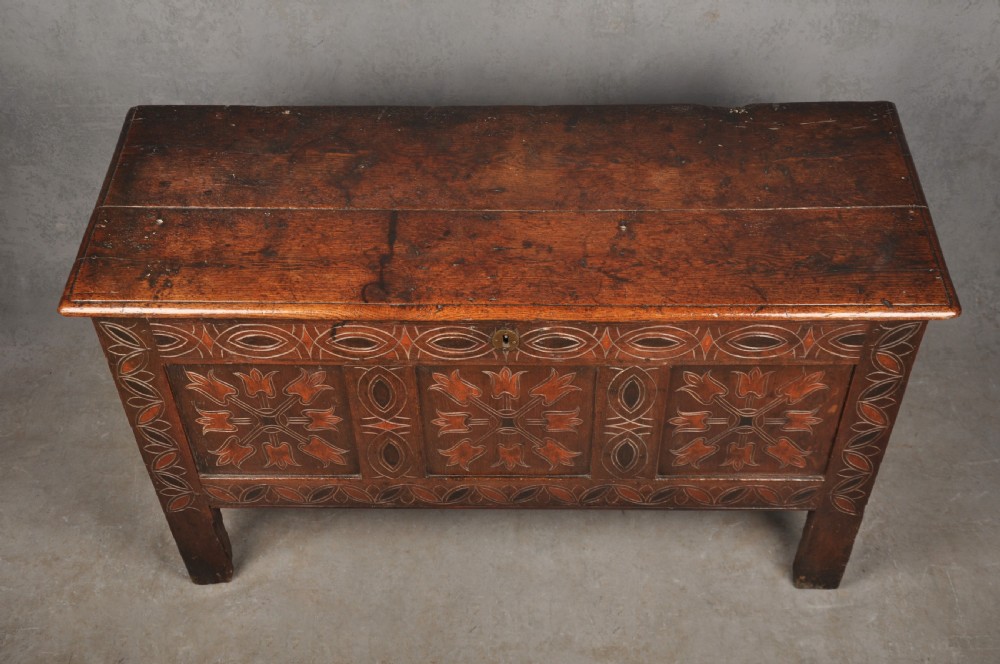 A 17th-century dark stained oak coffer with carved tulip panels and geometric border details. View IV