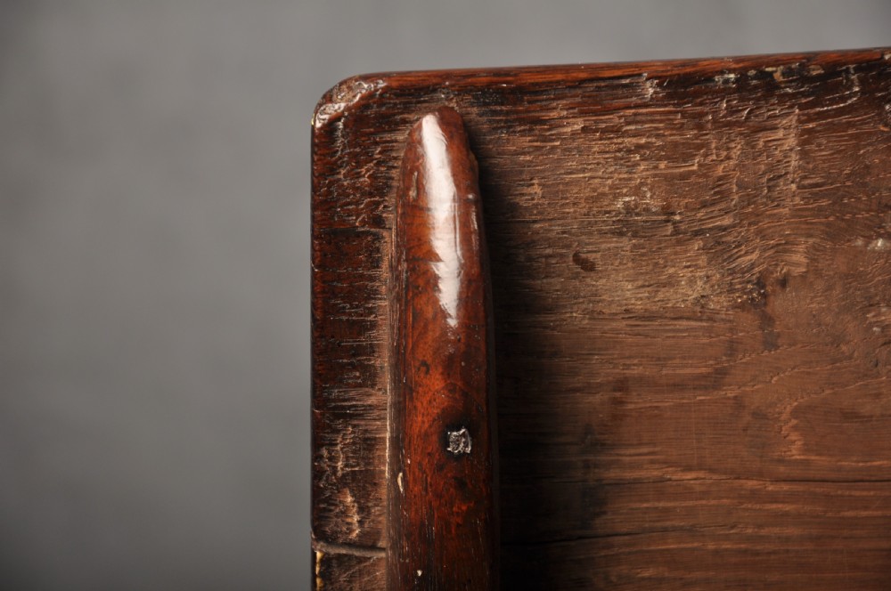 A 17th-century dark stained oak coffer with carved tulip panels and geometric border details. View X