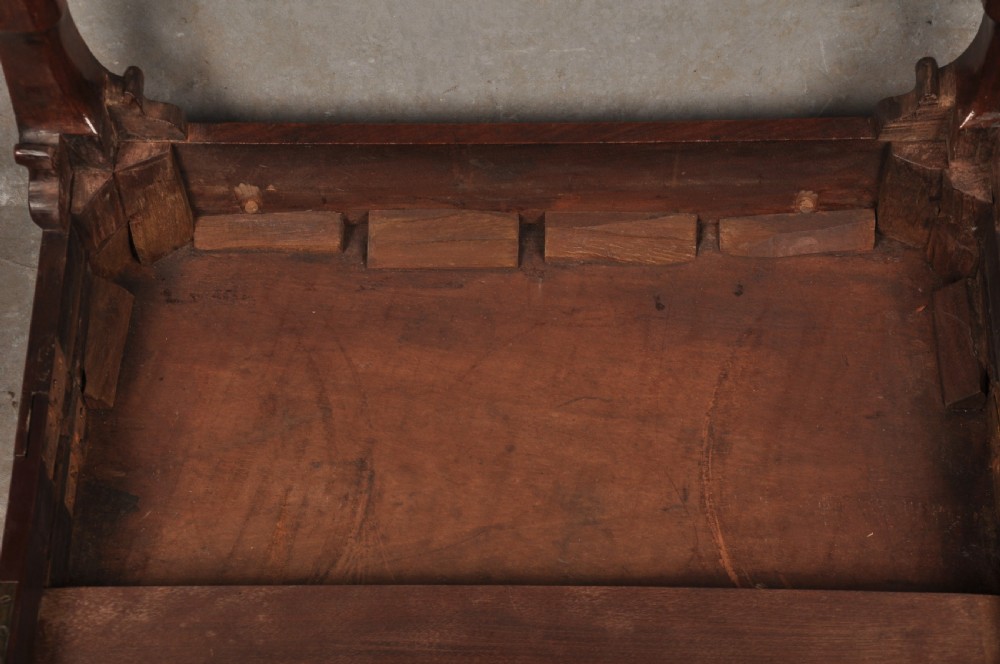 An 18th-century mahogany tea table featuring a folding rectangular top, concertina frame action, and cabriole legs with pad feet. View XIII