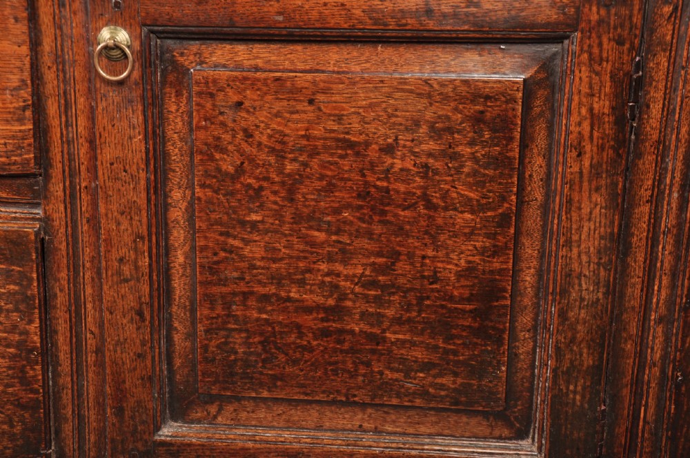 An early 18th-century dark oak dresser base featuring fielded panel cupboard doors, multiple drawers, and brass backplate handles. View VIII