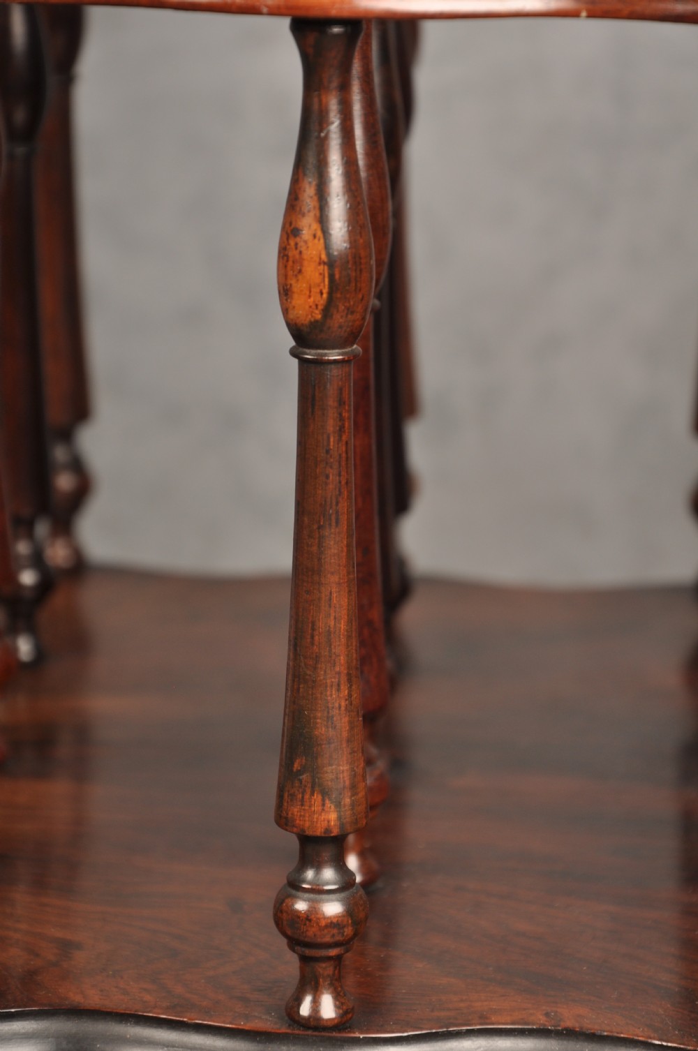 An early nineteenth-century dark rosewood Canterbury music stand featuring vertical spindle dividers, a brass central handle, a lower tier, turned legs, and brass castors. View III
