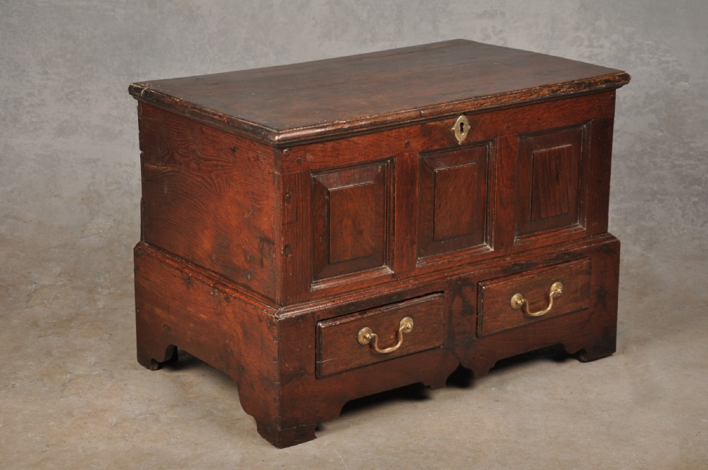 An 18th-century dark oak coffer bach with a hinged lid, three front panels, two lower drawers, and brass handles. View II
