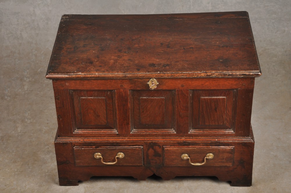 An 18th-century dark oak coffer bach with a hinged lid, three front panels, two lower drawers, and brass handles. View III