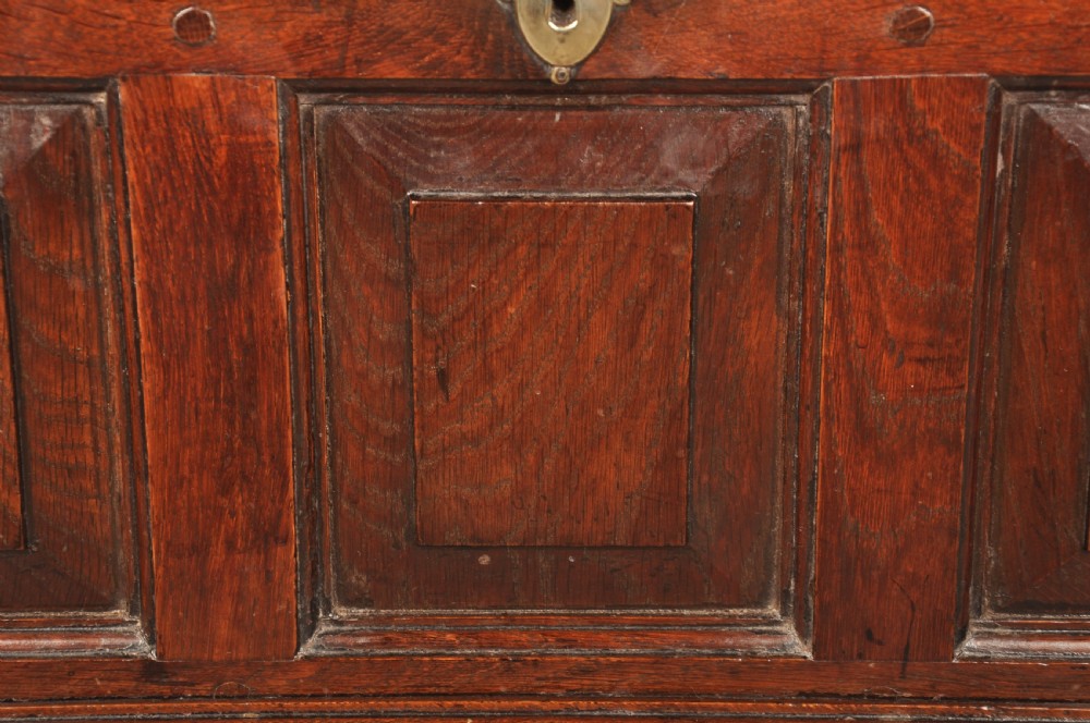 An 18th-century dark oak coffer bach with a hinged lid, three front panels, two lower drawers, and brass handles. View XI