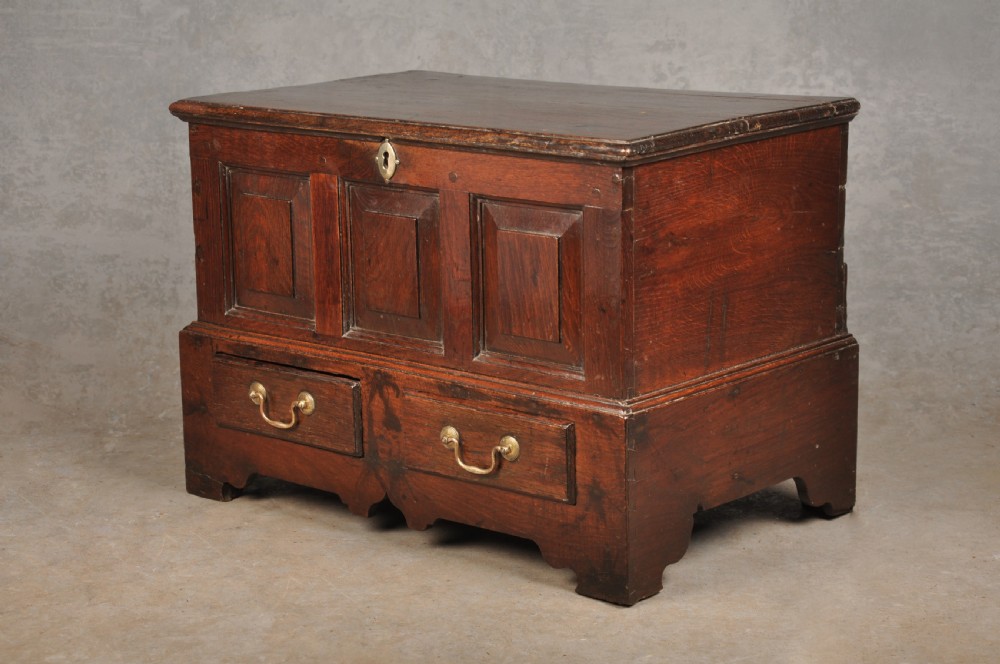 An 18th-century dark oak coffer bach with a hinged lid, three front panels, two lower drawers, and brass handles. View XVI