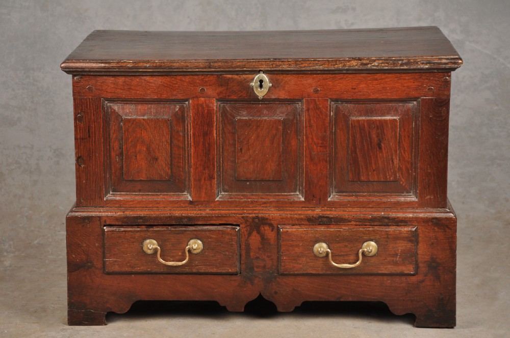 An 18th-century dark oak coffer bach with a hinged lid, three front panels, two lower drawers, and brass handles. View XVII