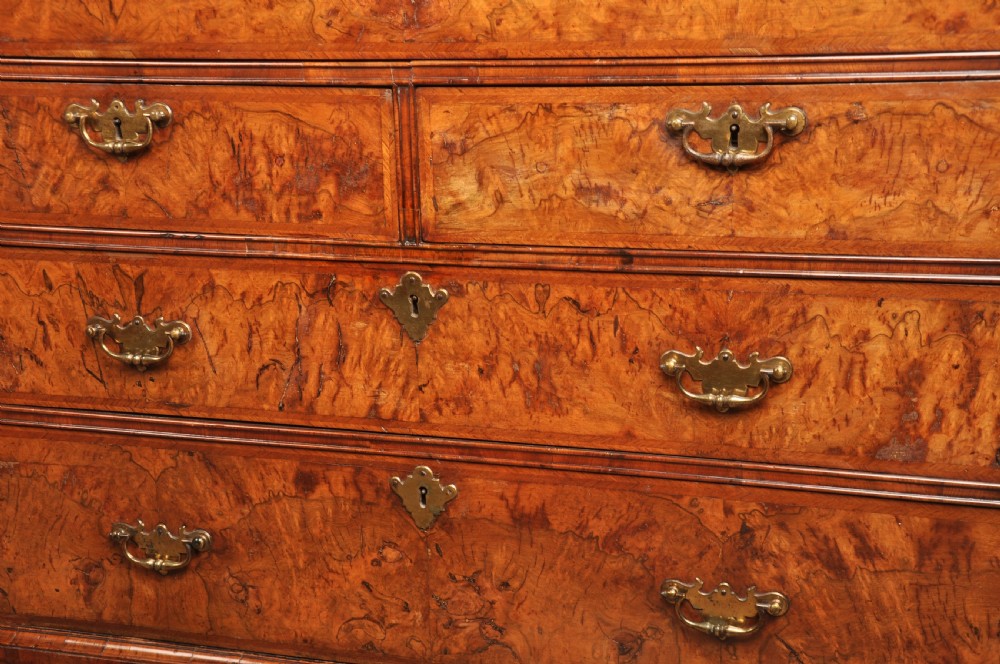 An early eighteenth-century burr walnut secretaire cabinet featuring double upper doors and a lower chest of drawers with brass handles. View XIV