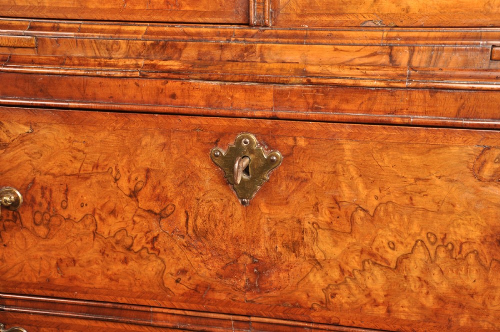 An early eighteenth-century burr walnut secretaire cabinet featuring double upper doors and a lower chest of drawers with brass handles. View XVI