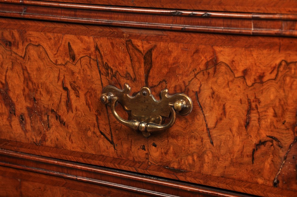 An early eighteenth-century burr walnut secretaire cabinet featuring double upper doors and a lower chest of drawers with brass handles. View XVII