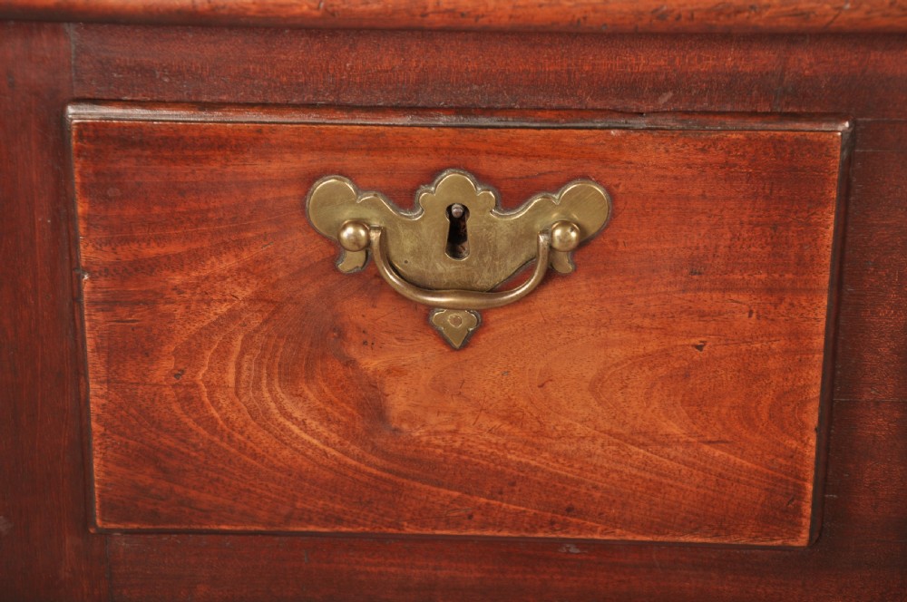 An early 18th-century mahogany lowboy with three drawers, brass handles, a shaped apron, and four cabriole legs with pad feet. View III